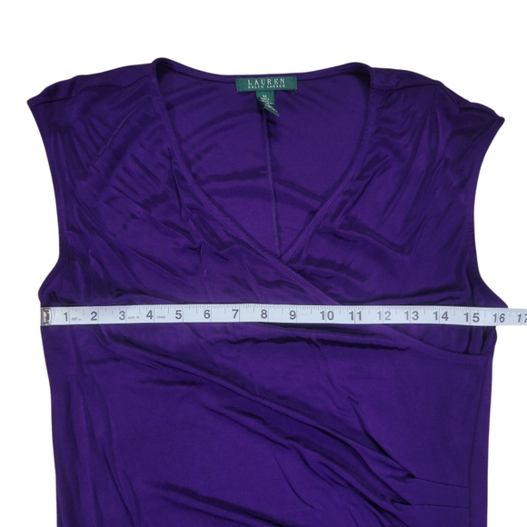 Ralph Lauren Sheath Dress Womens M Royal Purple Midi Faux Wrap Ruched Stretchy - Picture 11 of 12